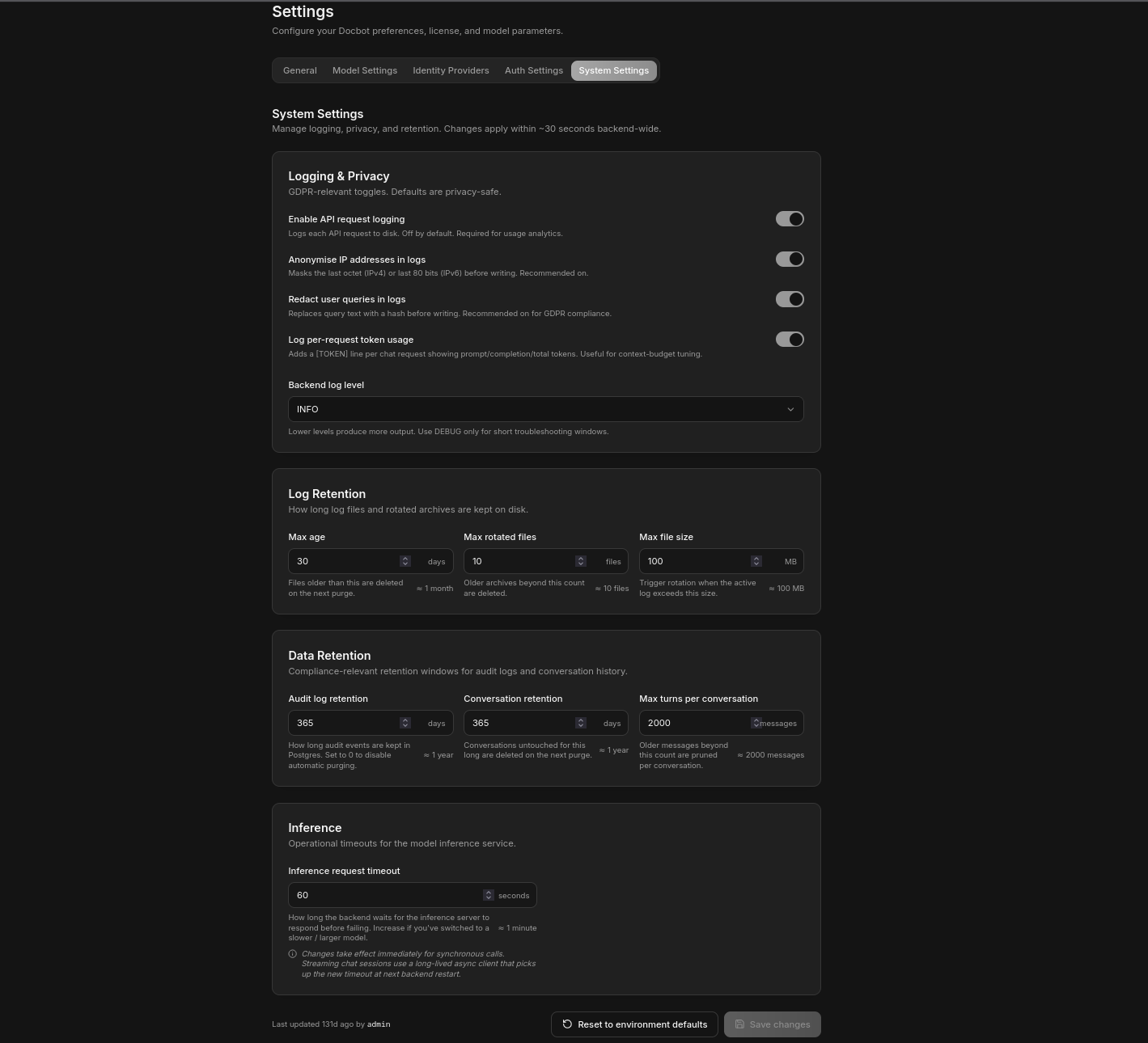 System settings page